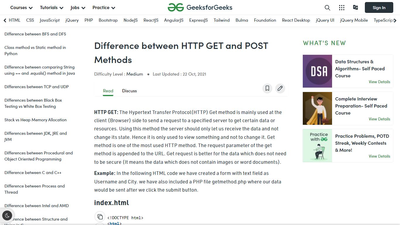 Difference between HTTP GET and POST Methods - GeeksforGeeks